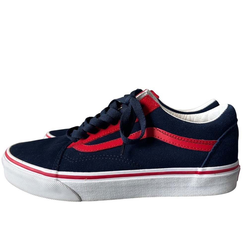 Vans Old‎ Skool Suede Sneakers Casual Shoes Red Stripe Navy Blue Womens 8.5